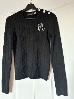 Lauren Ralph Lauren Black Cable-Knit Crewneck Sweater with Shoulder Buttons